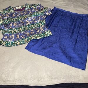 Vintage Maggy London Floral Top & Paisley Skirt Silk 2-Piece Womens size 14